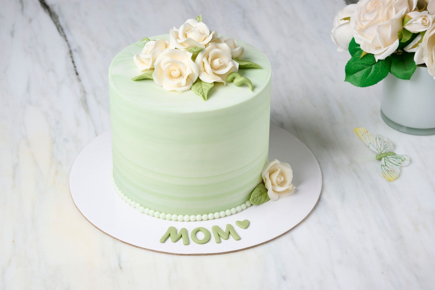 White Rose Green Floral Fondant