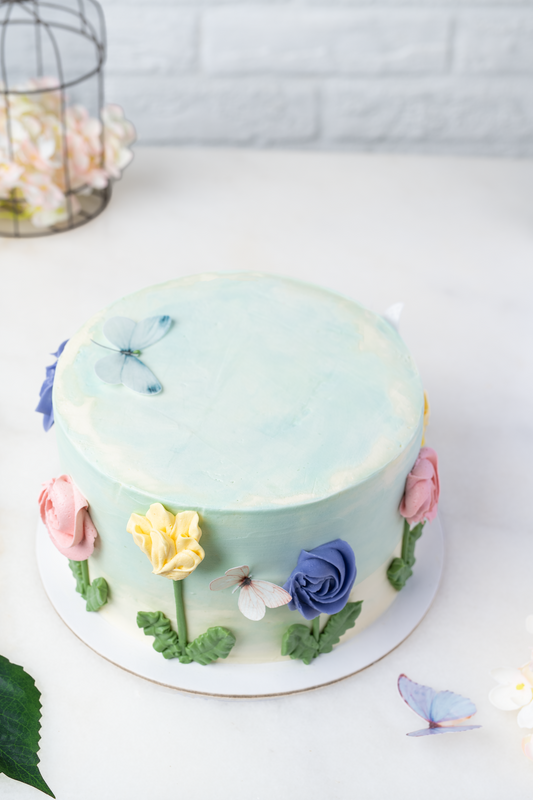 Blue Hues Floral Cake with Butterflies