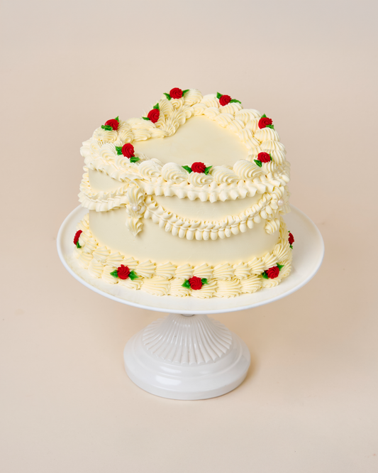 White Vintage Heart Cake With Roses