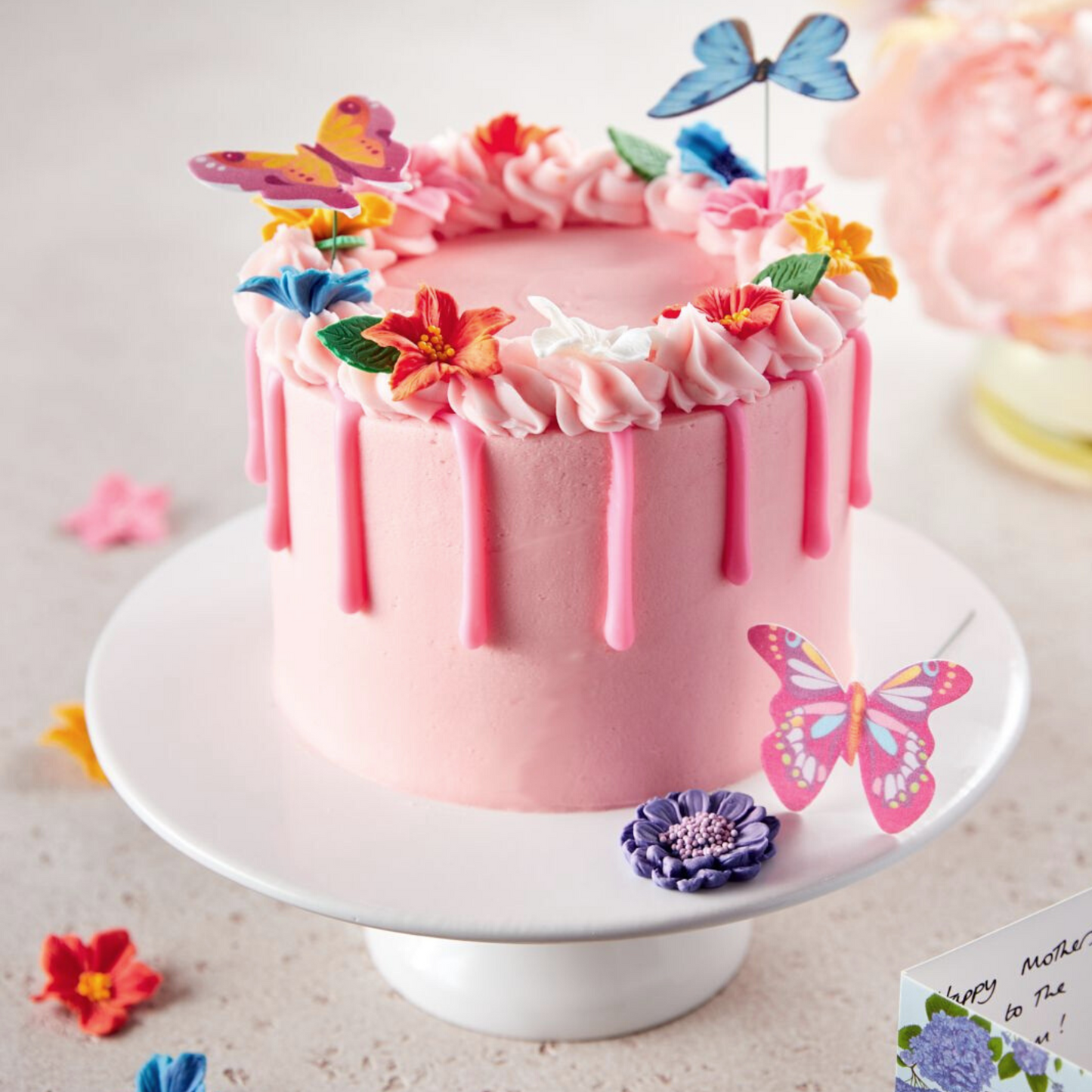 Pink Drip Floral Cake